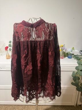 Women's Burgundy Lace High-Neck Blouse